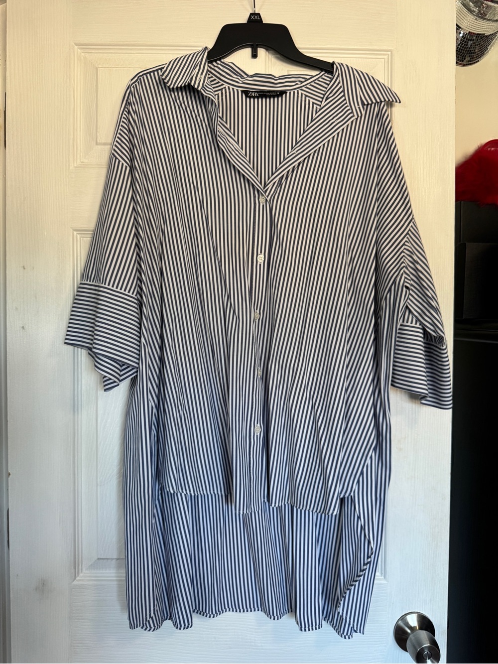 Zara Navy and White Vertical Stripe Relaxed Button-Down Shirt